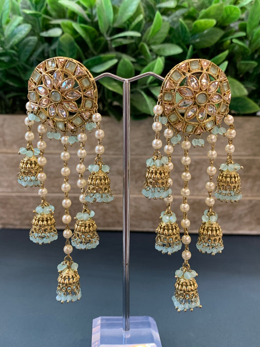 Rowan polki jhumki earring antique polk/ gold /mint green