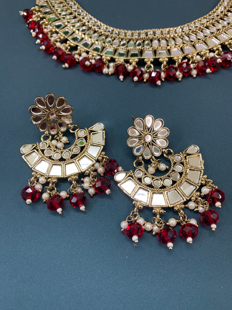 Shreya mirror necklace set with matching Chandbali antique cherry red