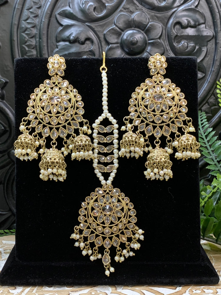 Kiana polki triple jhumki Chandbali style earring with matching tikka antique gold pearl white