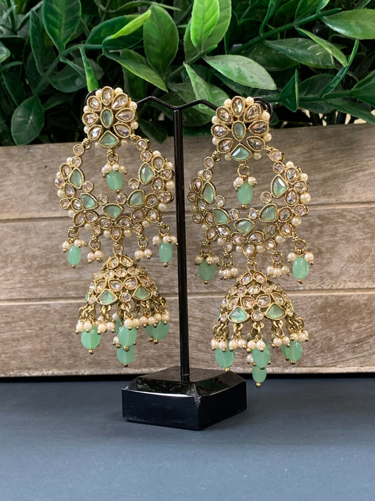 Hadia polki jhumki earring antique polk/ gold / mint green