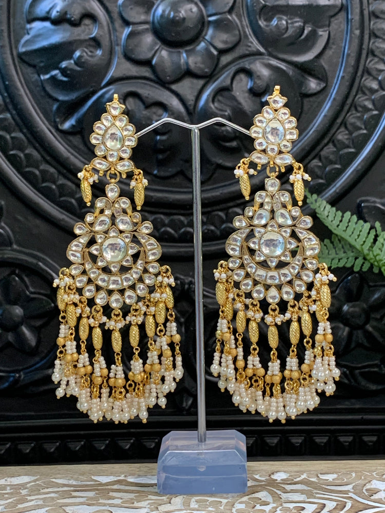 Pachi kundan statement long earring in gold and pearl