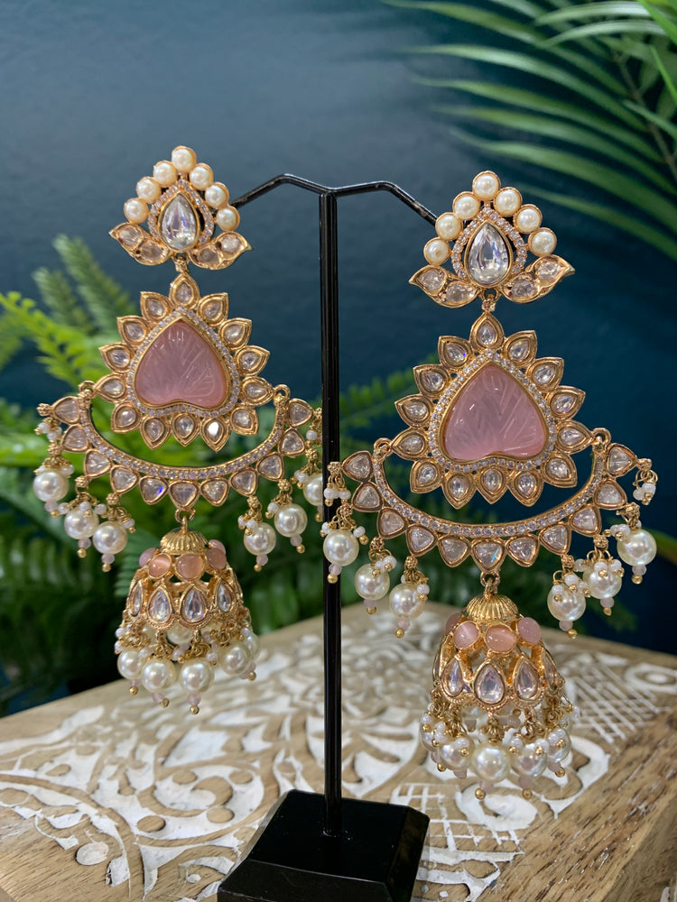 Crystal Kundan chandbali earring in pale pink