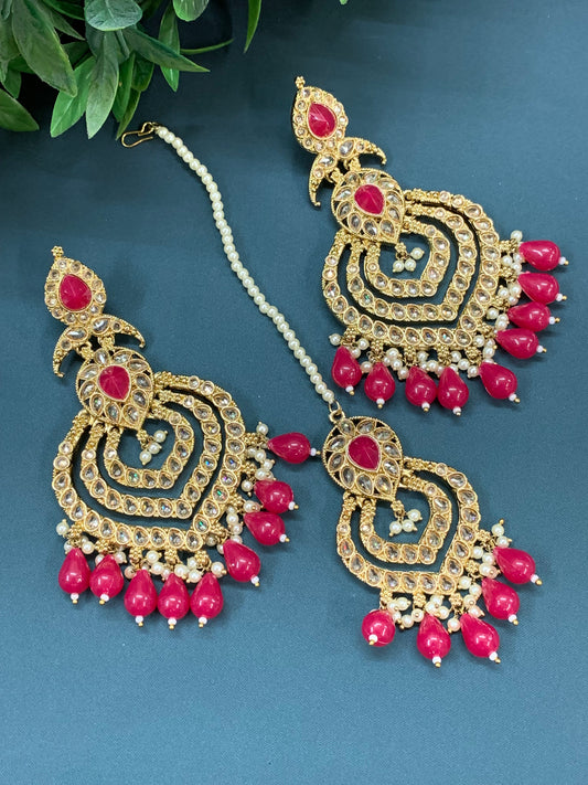 Tara polki Chandbali earring with matching tikka magenta hot pink