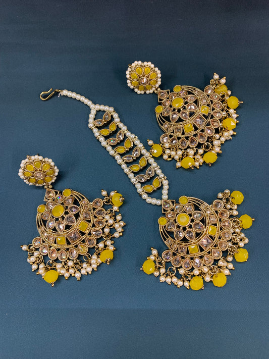 Aarti tikka set polki earring tikka pastel yellow