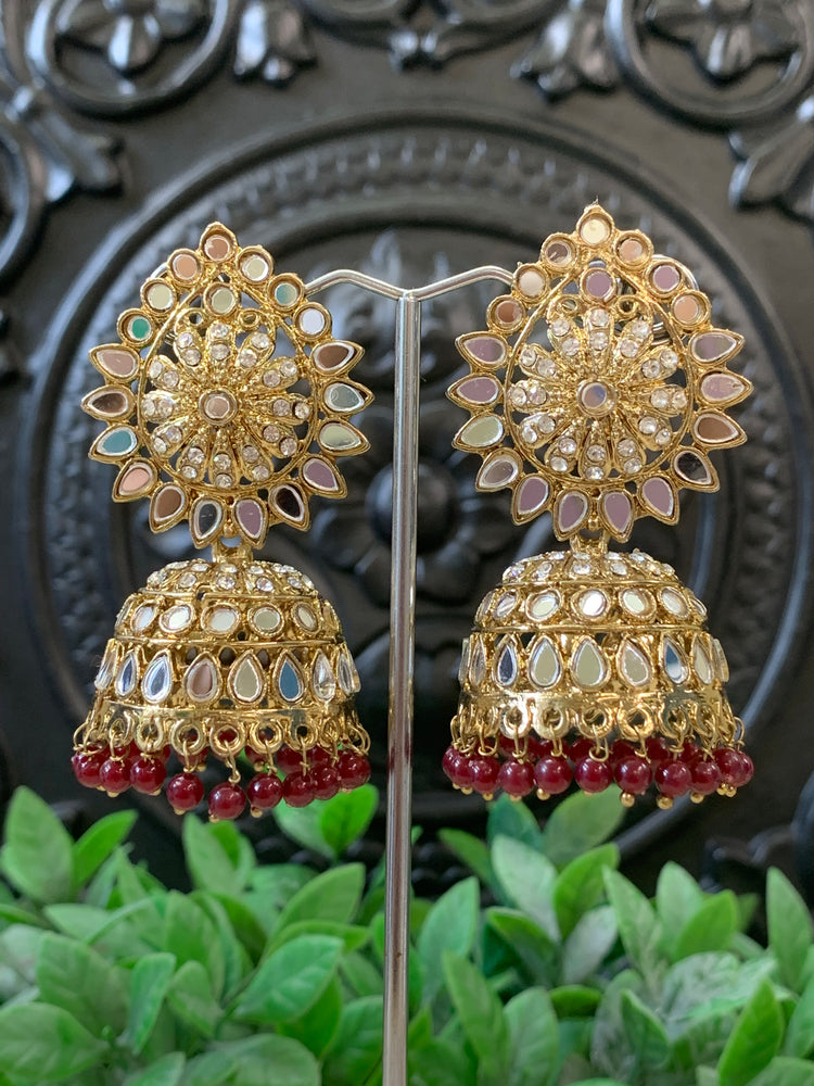 Dana mirror jhumki tikka antique gold and maroon / burgundy