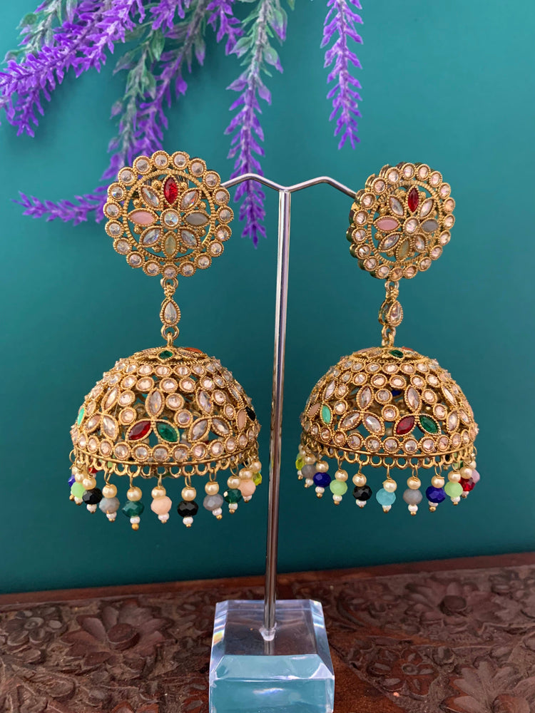 Rashi polki statement jhumki earring antique polki/ white pearl /multi