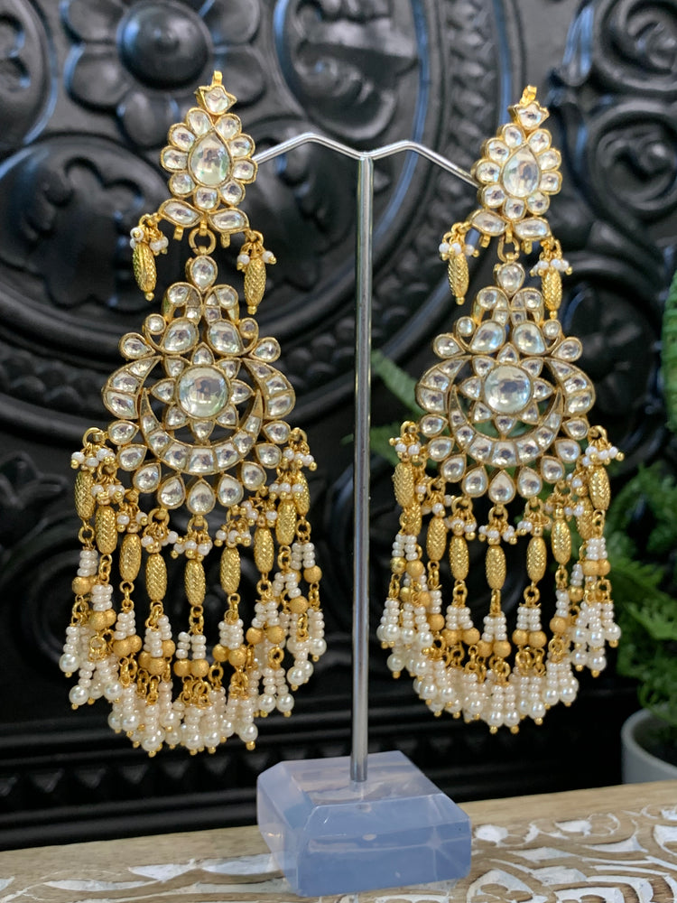 Pachi kundan statement long earring in gold and pearl