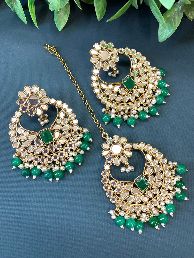 Judy chandbali mirror Tikka set emerald green