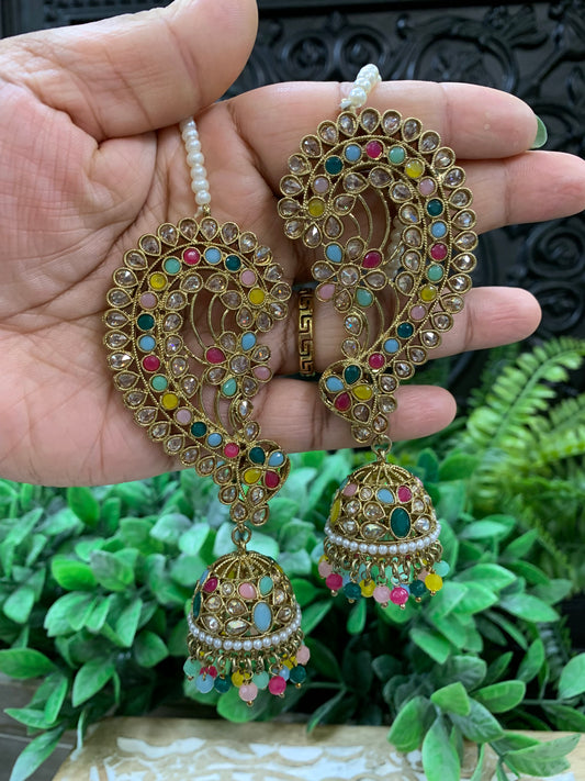 Jacklyn over the ear earring tikka jhumki sahare set Multi