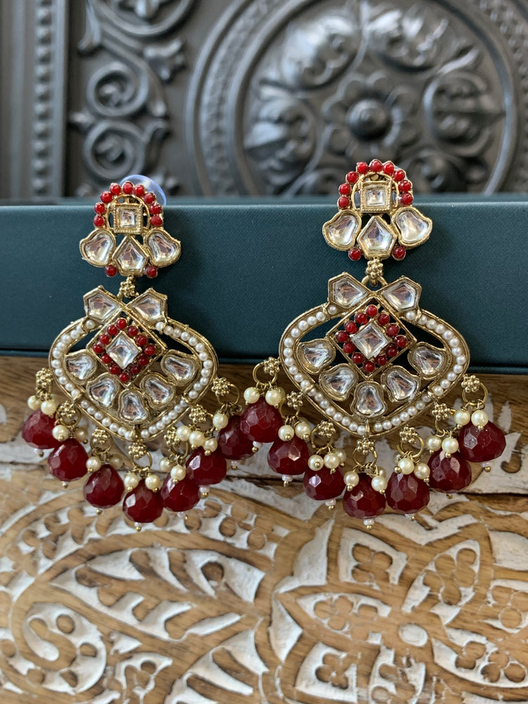 Dipti small to medium kundan earring gold red maroon burgundy