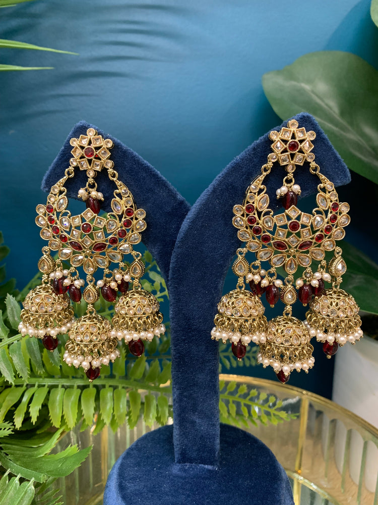 Naina polki triple jhumki earring in Maroon red/ burgundy