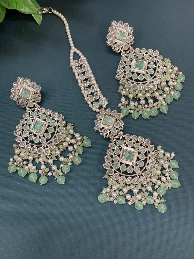 Sunita tikka set polki earring tikka set silver / pistachio