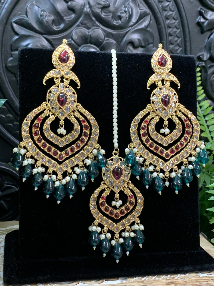 Tara polki Chandbali earring with matching tikka green red multi