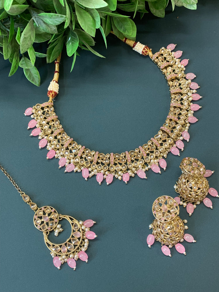 Allan polki necklace with jhumki tikka blush pink