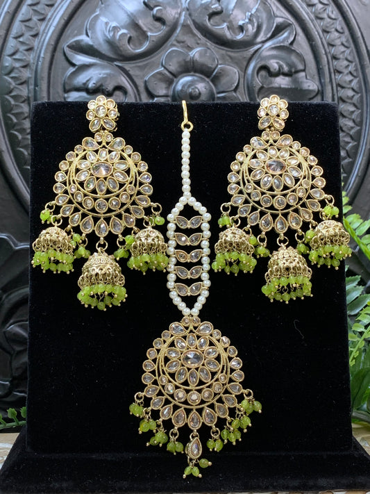 Kiana polki triple jhumki Chandbali style earring with matching tikka parrot green