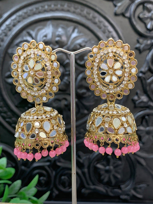 Kate mirror jhumki tikka antique gold and onion pink