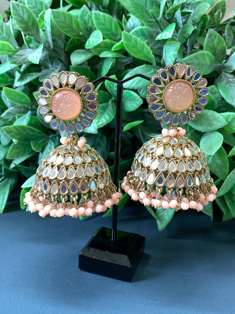 Romi mirror kundan jhumki/ jhumka earring nude peach