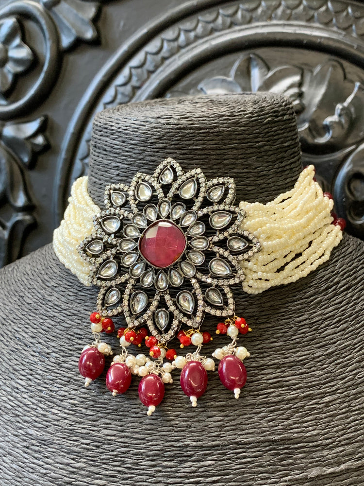 Preeto kundan choker necklace with matching studs red maroon burgundy