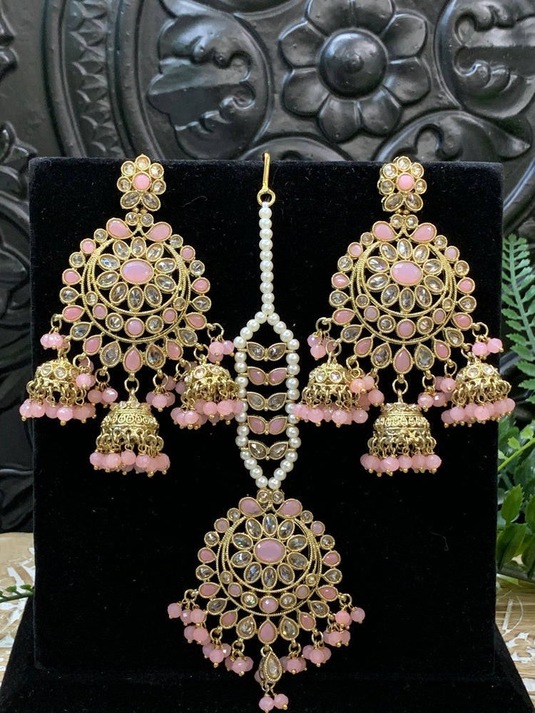 Kiana polki triple jhumki Chandbali style earring with matching tikka pink