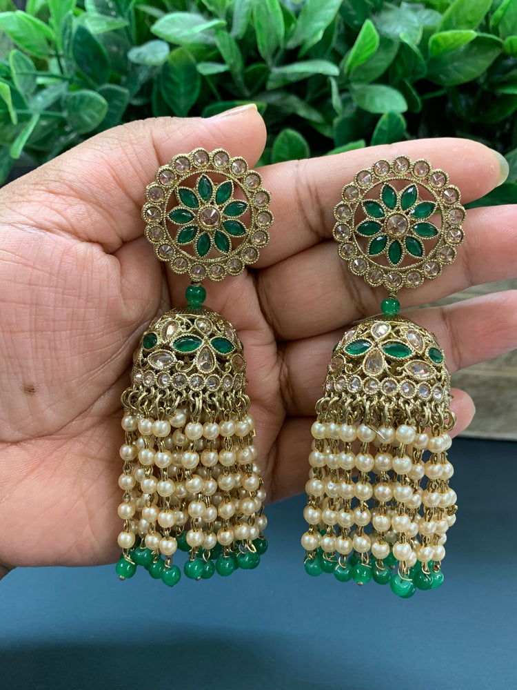 Mohua polki statement jhumki earring antique polki/emerald green/pearl