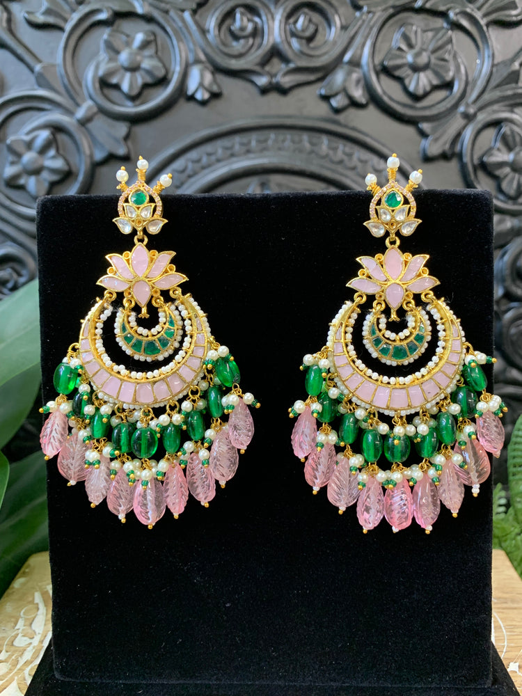 Shanti Pachi kundan earring in pastel pink and emerald green