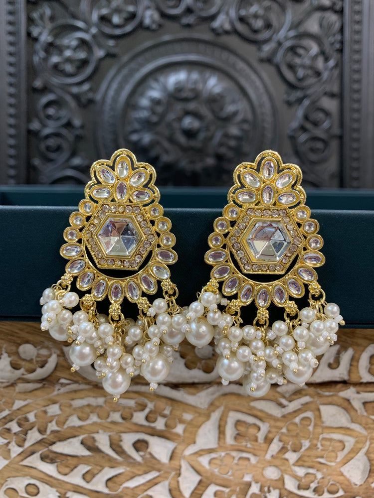 Jill gold kundan stud earring with crystal drops white pearl gold