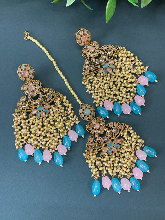 Cara statement polki earring tikka set pearl details and pink blue multi