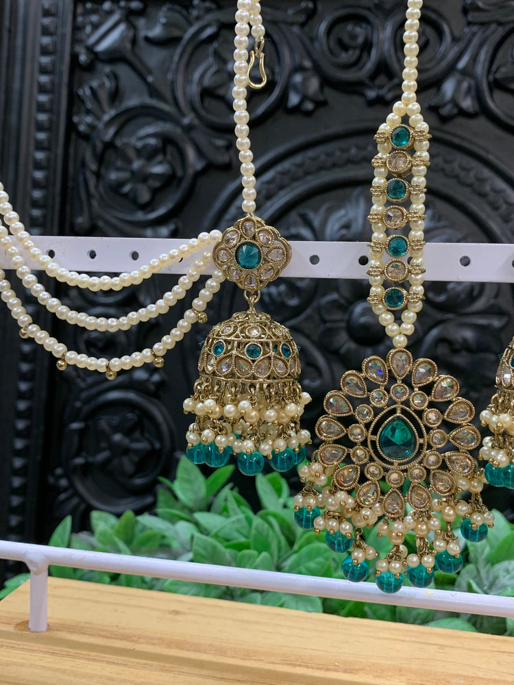 Shana triple layer bahubali sahare jhumki ear chain and matching tikka antique gold /peacock green