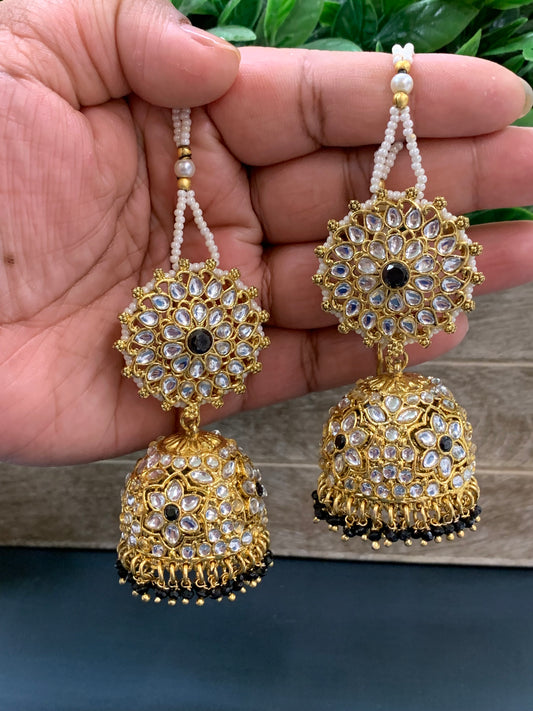 Zia traditional kundan jhumki with sahare and matching oversized tikka gold/black