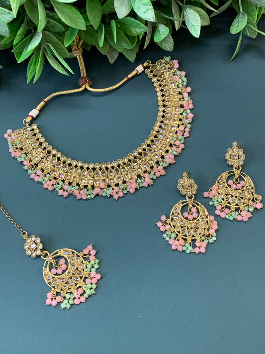 Rashmeet polki necklace with matching earring tikka antique gold pastel multi