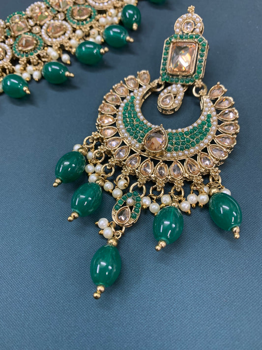 Reagan polki necklace set with matching Chandbali and tikka set gold/white/pearl/ emerald green