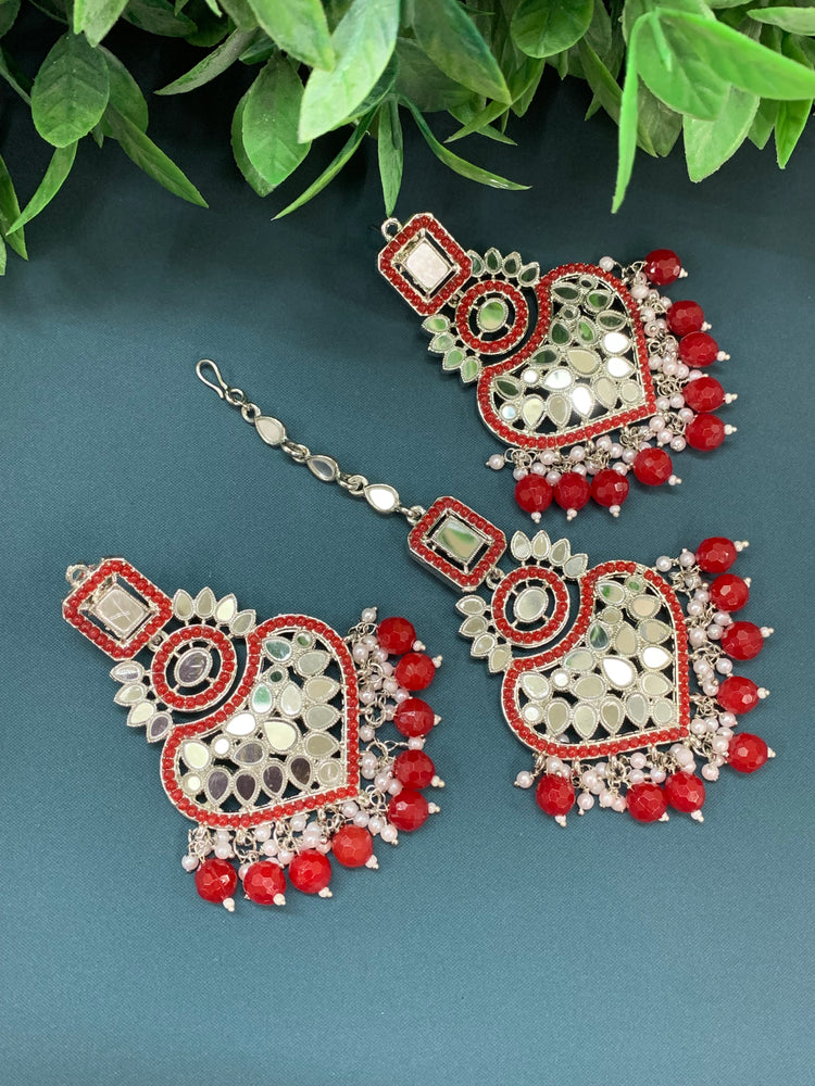 Amrita chandbali mirror earring tikka set red