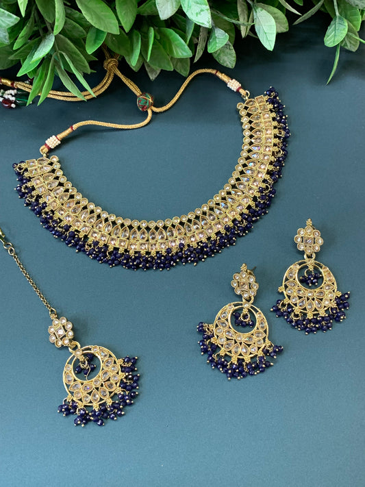 Rashmeet polki necklace with matching earring tikka dark blue