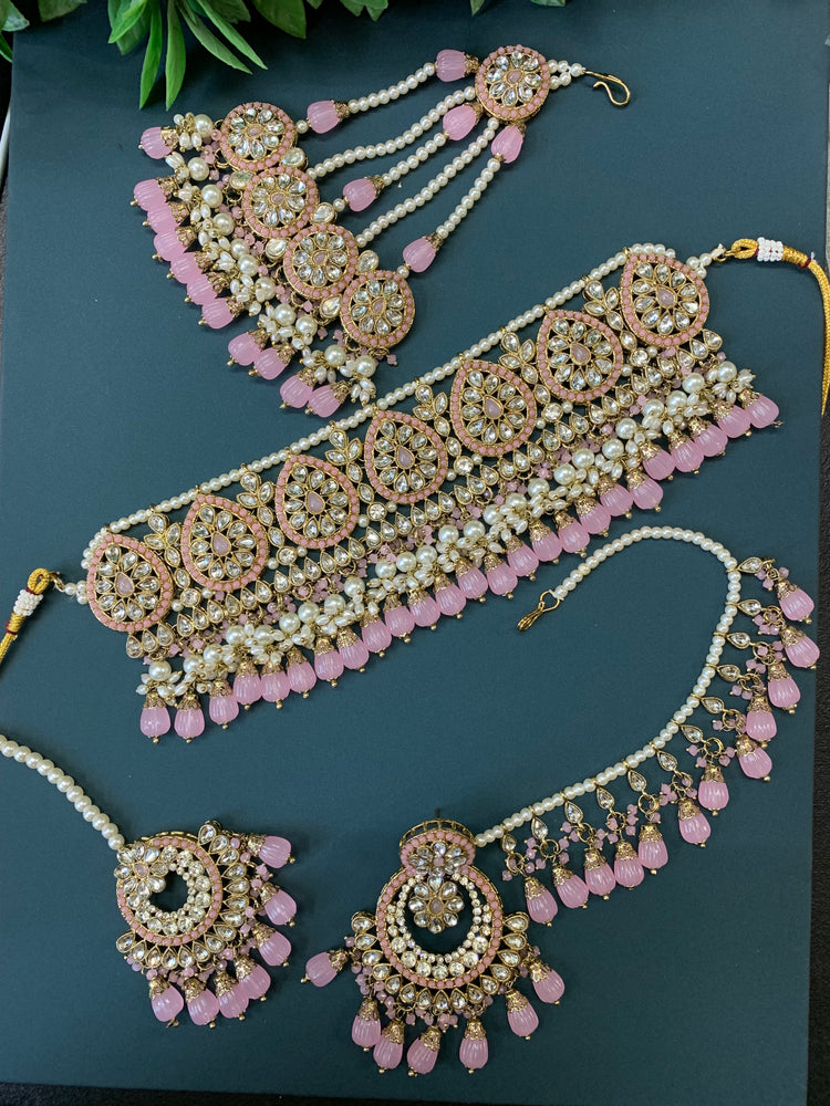 Razia choker necklace set with jhumar pink