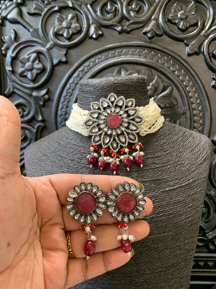 Preeto kundan choker necklace with matching studs red maroon burgundy