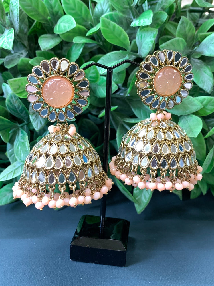 Romi mirror kundan jhumki/ jhumka earring nude peach