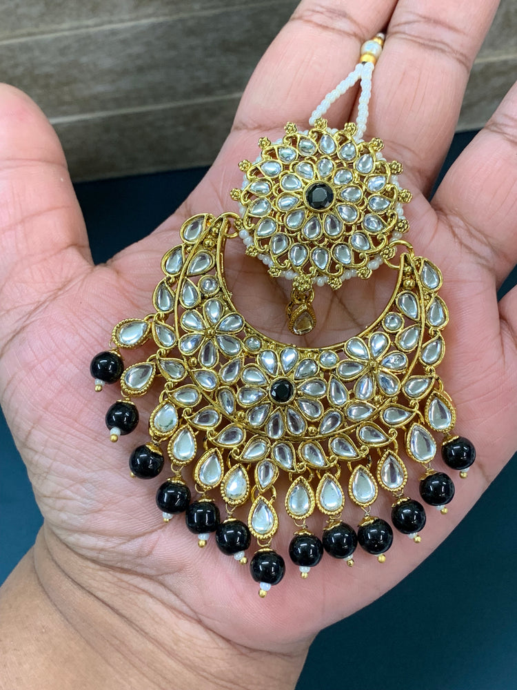 Zia traditional kundan jhumki with sahare and matching oversized tikka gold/black