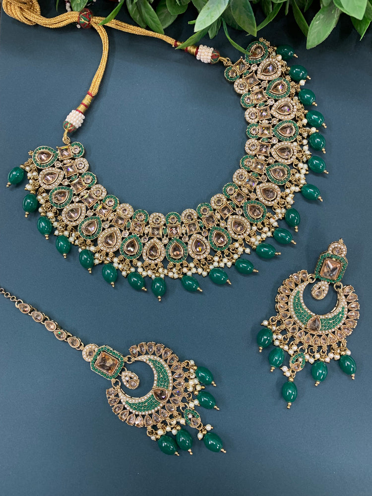 Reagan polki necklace set with matching Chandbali and tikka set gold/white/pearl/ emerald green