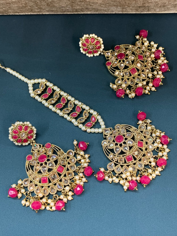 Aarti tikka set polki earring tikka magenta pink