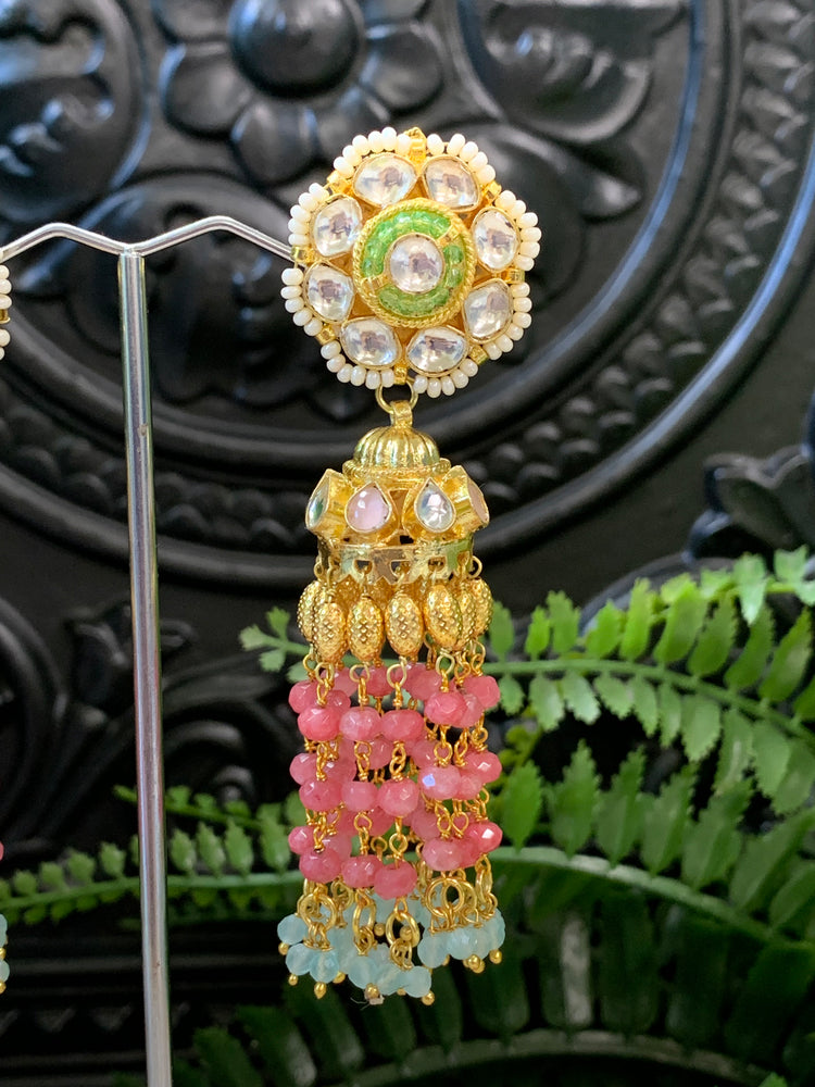 Bobi pachi kundan jhumki earring multi