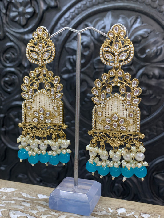 Alexa kundan statement earring white/gold/pearl/ phiroza blue