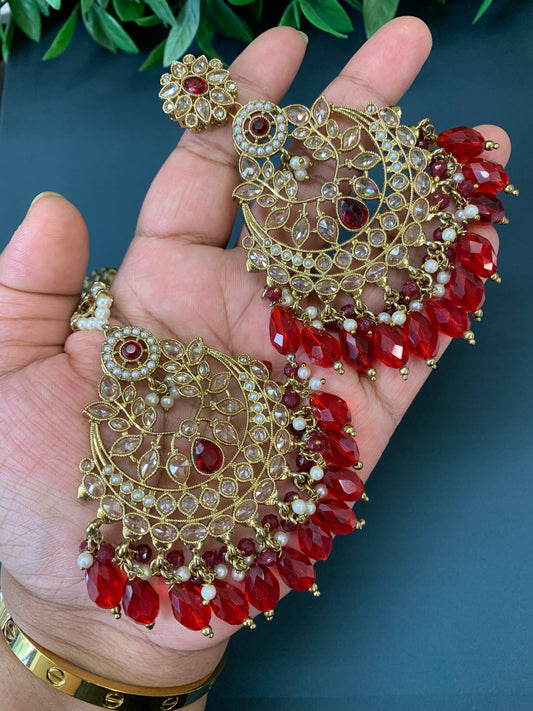 Bulbul polki statement earring tikka set antique gold/ crystal red/ blood red