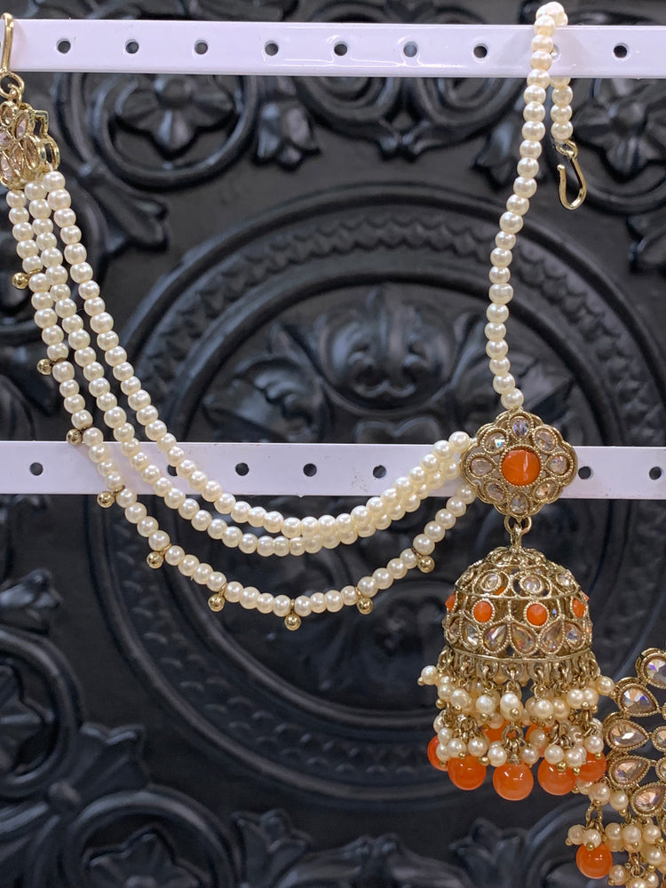 Shana triple layer bahubali sahare jhumki ear chain and matching tikka antique gold /orange/fanta orange