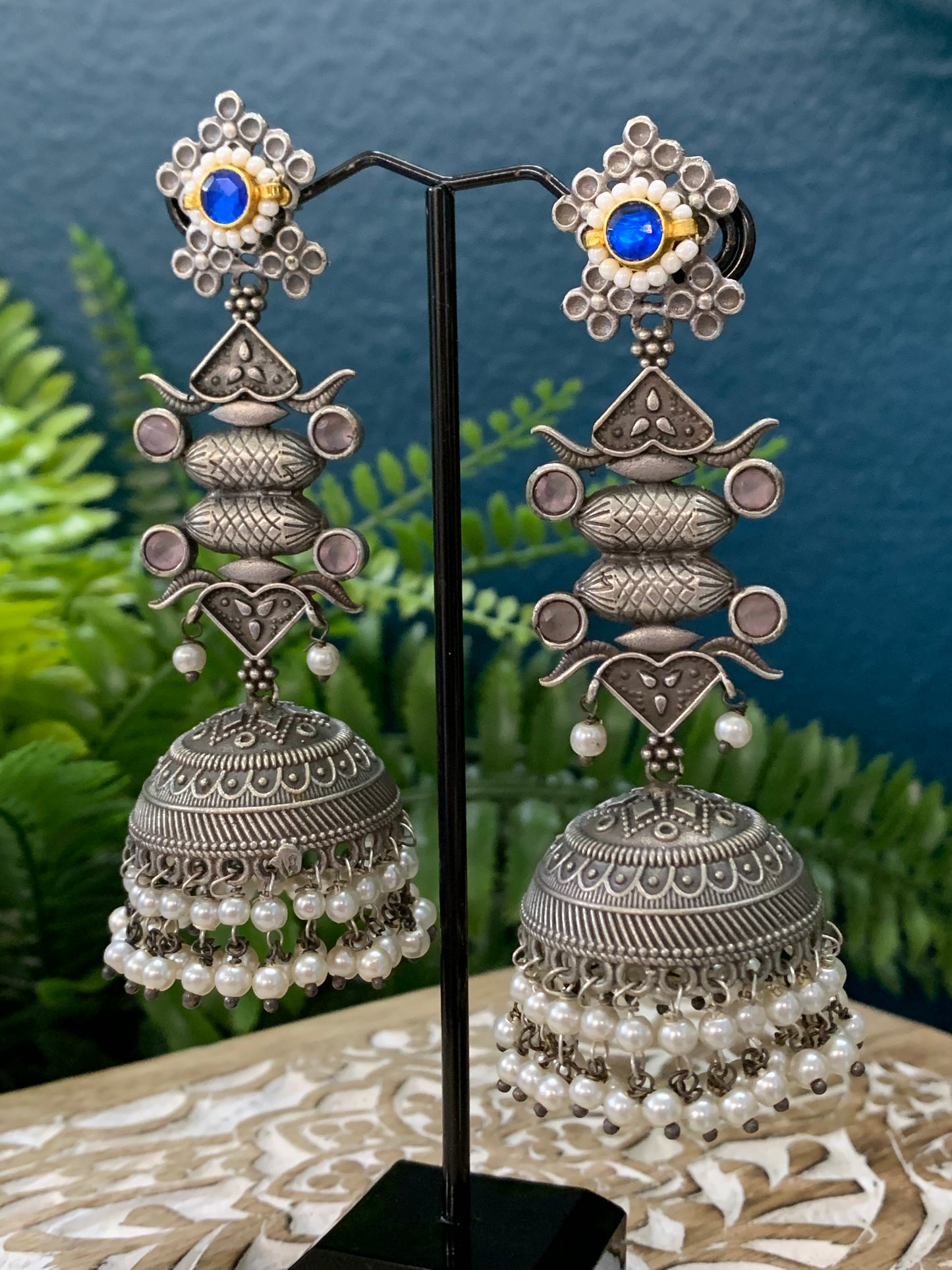 Silver replica statement  jhumki earring with pachi kundan details
