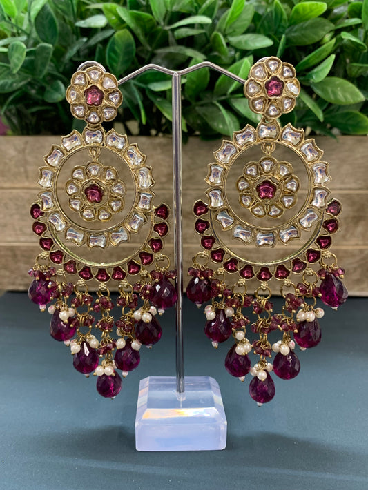 Barnavi Kundan earring wine red crystal drops