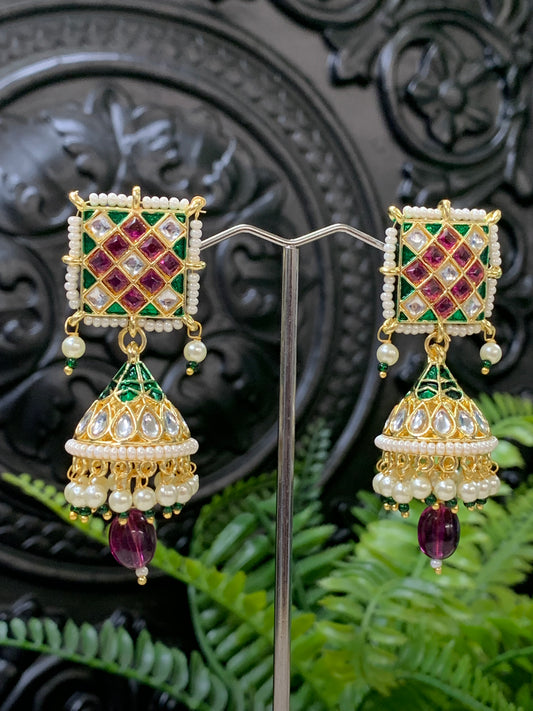 Saru kundan jhumki everyday wear small lightweight ruby red