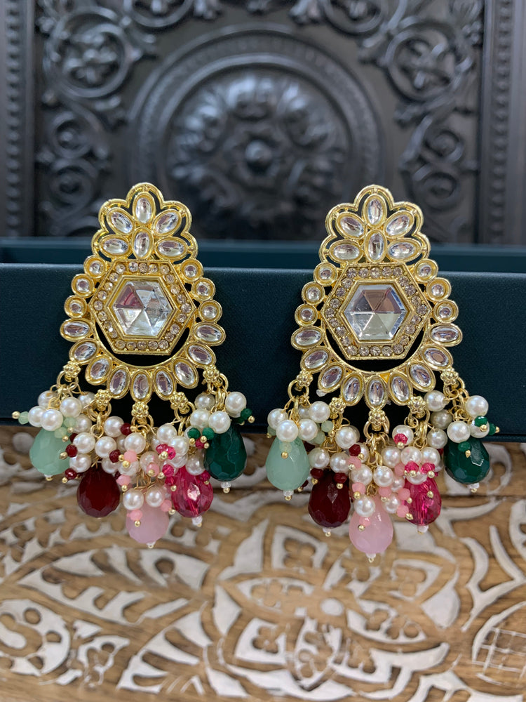 Jill gold kundan stud earring with crystal drops multi