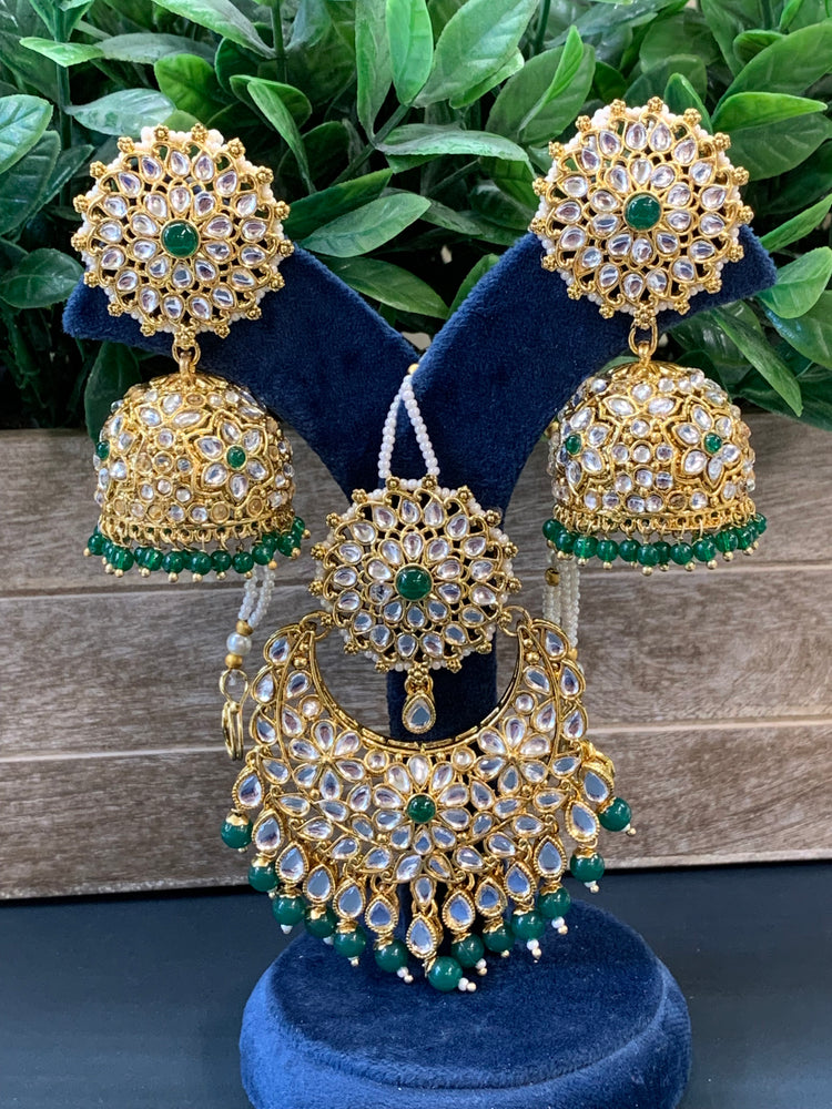 Zia traditional kundan jhumki with sahare and matching oversized tikka gold/emerald green