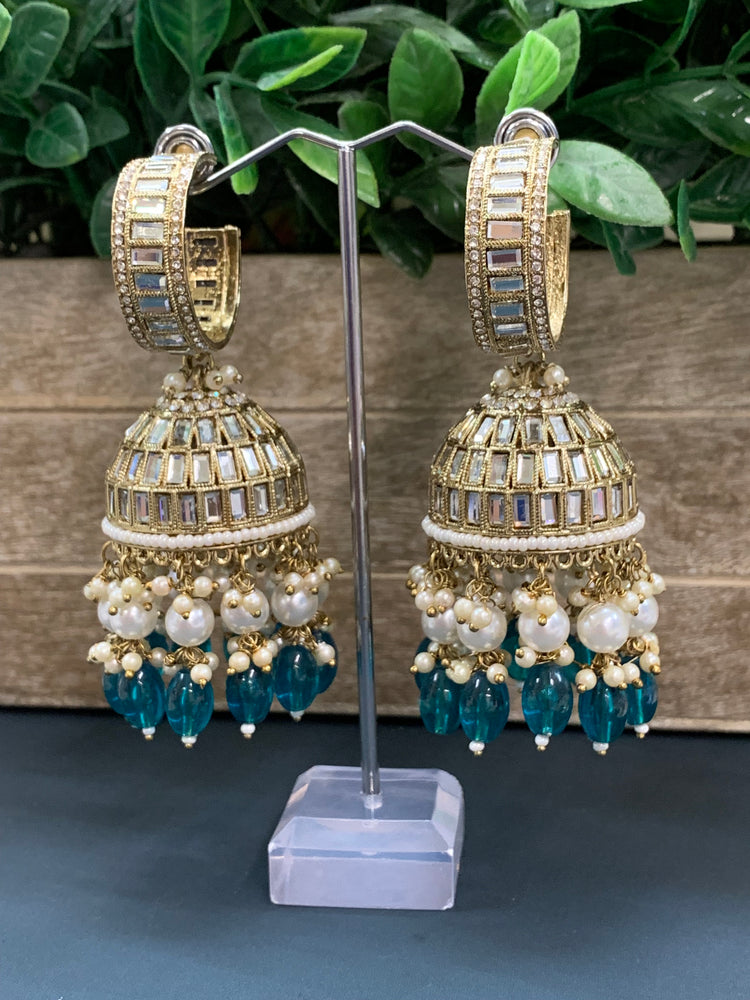 Amrita statement Mirror jhumki earring teal blue