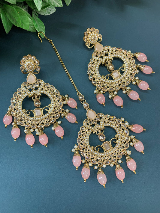 Nardali tikka set polki earring tikka set grapefruit pink